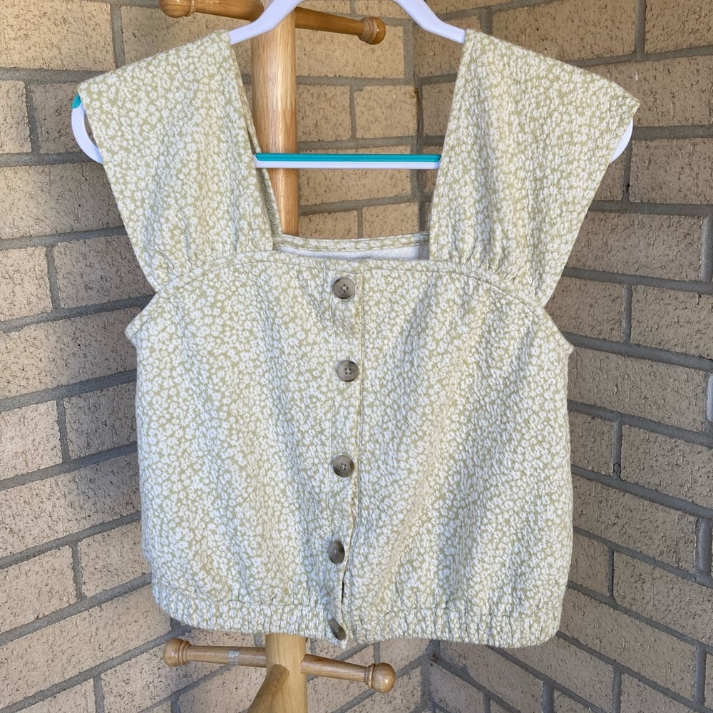 Madewell Floral Jacquard Knit Green Button Front Top Cap Sleeve Floral Blouse - Picture 3 of 17